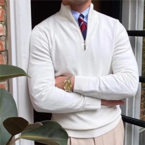 Sweaters | Autumn Crest Suede Trim Quarter-Zip Ivory –  Mens Mens Ivory